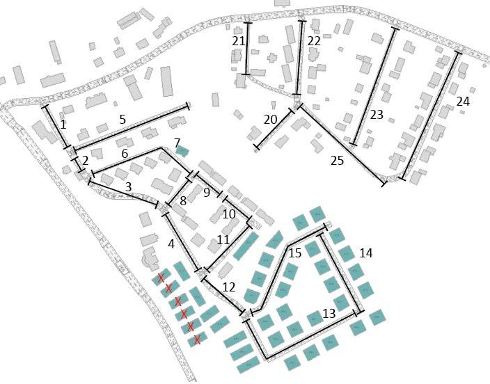 Figur 2. Benämningar av lokala vägar. Figur visar utbyggnadsalternativ 2040 där samtliga lokala vägar innefattas. Byggnader med rött kryss är ej inkluderade i utb.alt vid revidering 29.