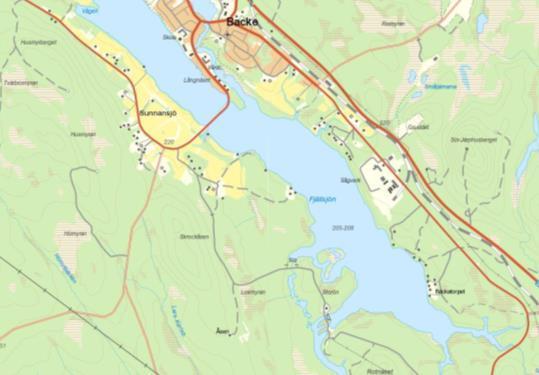 Fjällsjö (Backe) kraftverk/regleringsdamm Ägare: Uniper Effekt: 13 MW Årlig elproduktion: 57 GWh Turbintyp: Rörturbin Fallhöjd: 7 m Medelvattenföring: 122 m 3 /s Torrfåra: Ja Minimivattenföring: