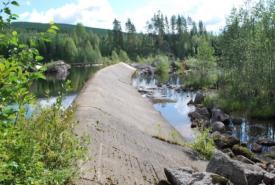 Från den västra sidan av älven börjar en kombination av dammvall/tröskel av betong.