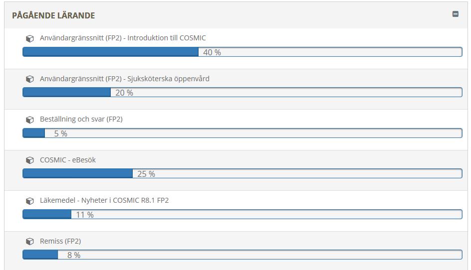 ANVISADE E-KURSER Eventuella e-kurser som du är anvisade att genomföra, t ex i samband med större uppgraderingar av COSMIC eller vid införande av nya funktioner, presenteras under Pågående lärande på