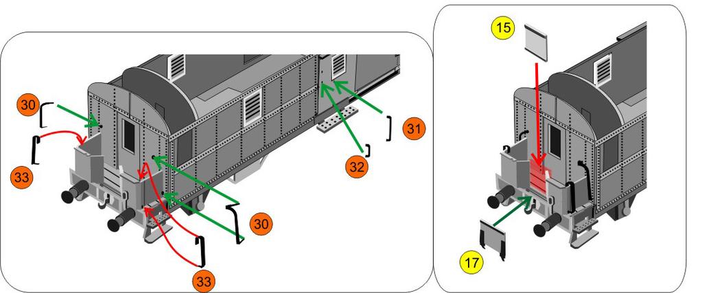 20 Handtag, handräcken och plattformsdetaljer Detaljer målas innan montering. Dörren till plattformens bakre öppning målas SJ-brun Övriga detaljer svarta Instruktionen visar vagnens ena sida.