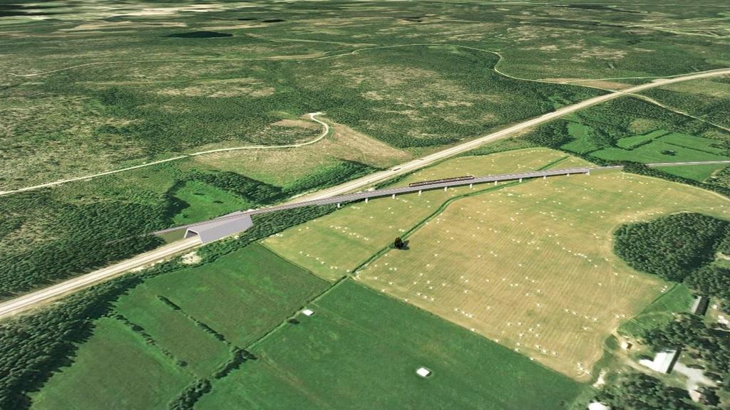 Exempel utformning N20, landskapsbro dyr lösning Vy över alternativ N20 vid passage av E4