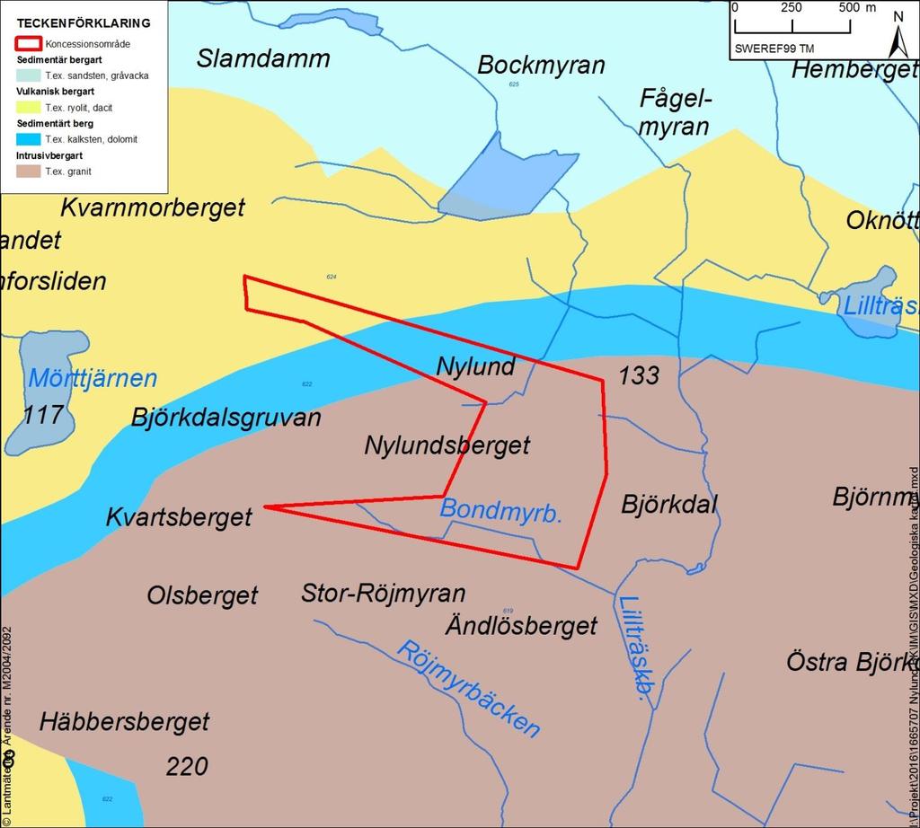 6.6 Geologi och hydrologi 6.6.1 Berggrund och bergets egenskaper Enligt SGU:s berggrundskarta ligger det sökta koncessionsområdet i den östra delen av det Paleoproterozoiska Skellefteådistriktet (