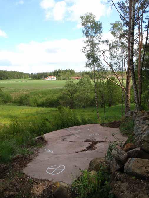 Brastad 589 Beskrivning: Hällristning, 1,65x0,9 m (NNÖ-SSV), bestående av 2 skepp och 1 fragment. Skeppen är 30-39 cm l, av enkellinjetyp med bemanningsstreck. Fragmentet är 39 cm l.