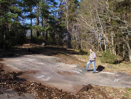 Brastad 614 Beskrivning: Hällristning, 6,2x4,5 m (NV-SÖ), bestående av 11 skepp, 2 människofigurer, 2 fragment och 5 skålgropar.