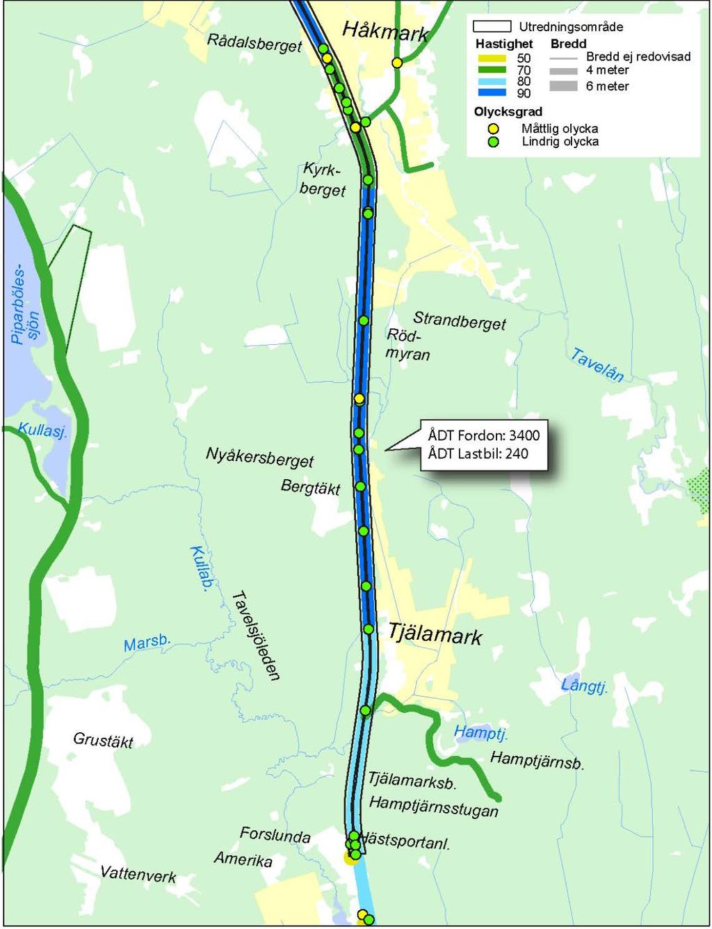 Vägstandard och trafiksäkerhet 6,5-7,0 m vägbredd 90 km/tim, 70 km/tim genom Håkmark och 80 km/tim in mot Forslundagymnasiet 3 400 fordon/dygn, 240 tunga fordon 12