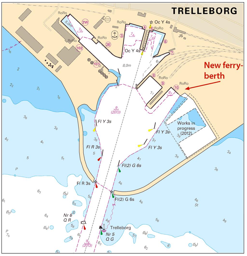 2015-02-26 10 Nr 535 Nytt färjeläge, Trelleborg Trelleborgs hamn. Publ. 25 februari 2015 10170 Sjökort: 74, 839 Danmark. Södra Östersjön. Bornholm. N om Bakkegrund. Djupuppgifter.