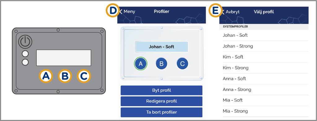 Använda appen Bioservo Carbonhand 6.3 Koppla en profil till en knapp Figur 20: Carbonhand-appen. Koppla en profil till en knapp. Se till att simuleringsläget är inaktiverat innan du ändrar och sparar profiler.