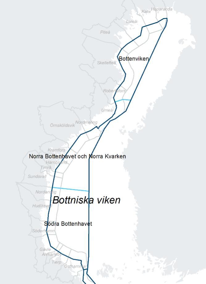 Bottniska viken består av tre havsområden: Bottenviken, Norra Bottenhavet och Norra Kvarken samt Södra Bottenhavet. Figur 5 Översiktskarta över havsområdena i Bottniska viken 3.