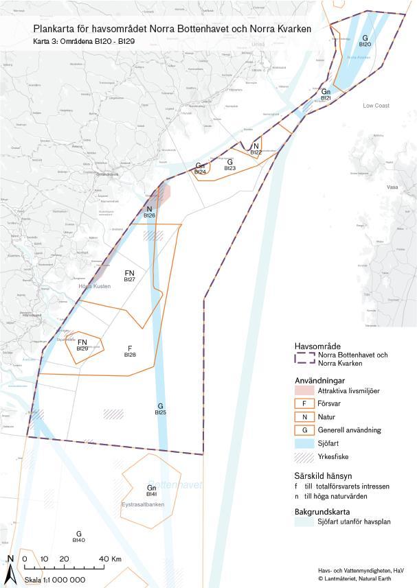 Figur 7 Plankarta över havsområdet Norra Bottenhavet och Norra Kvarken. Områdesnummer finns i kartan. (Havs- och vattenmyndigheten, 2018b). 3.