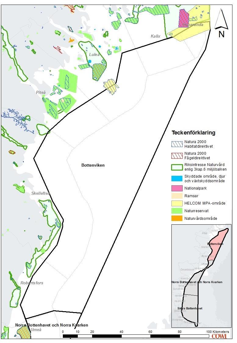 Figur 10 Natura 2000-områden, riksintresse för naturvård och andra eventuella skyddade områden i Bottenviken. 5.4.