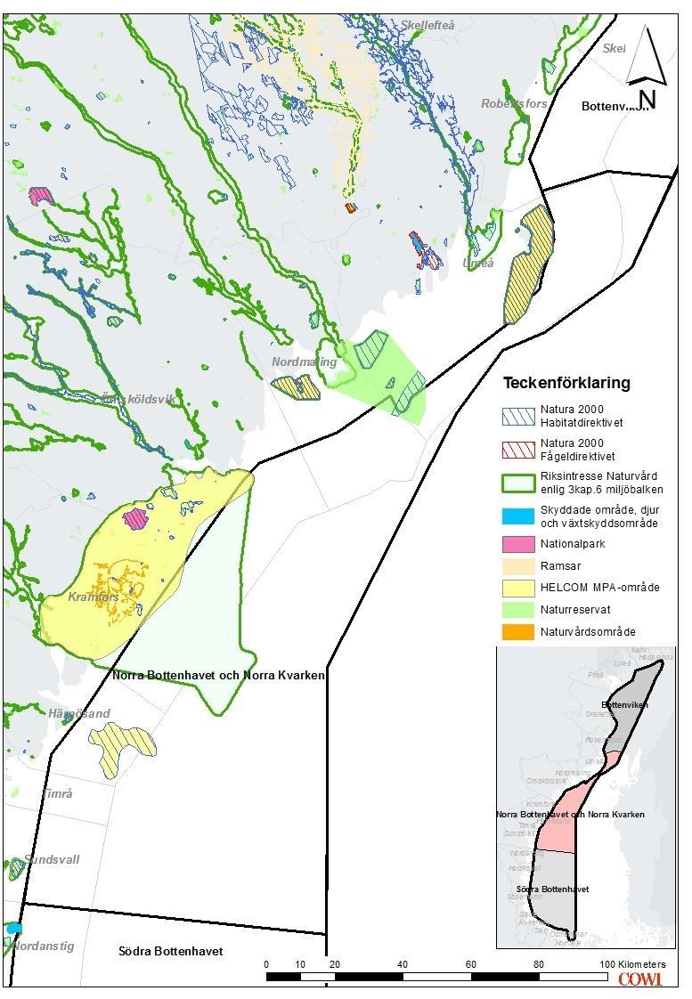 Figur 11 Natura 2000-områden, riksintresse för naturvård och andra eventuella skyddade områden i Norra Bottenhavet. 5.4.