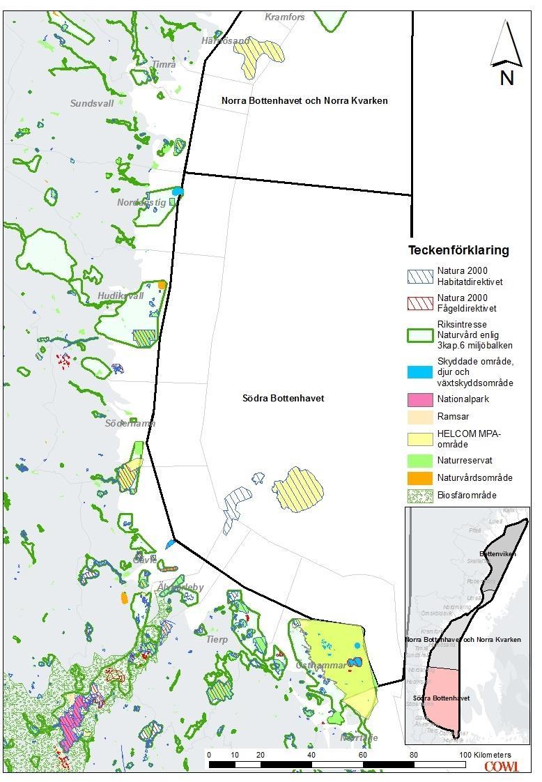 Figur 12 Natura 2000-områden, riksintresse (för naturvård) och andra eventuella skyddade områden i Södra Bottenhavet. 5.4.