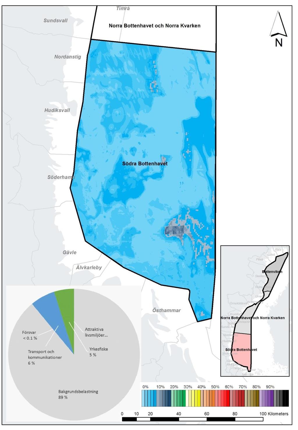 Figur 20 Den totala kumulativa miljöeffekten inom Södra Bottenhavet.