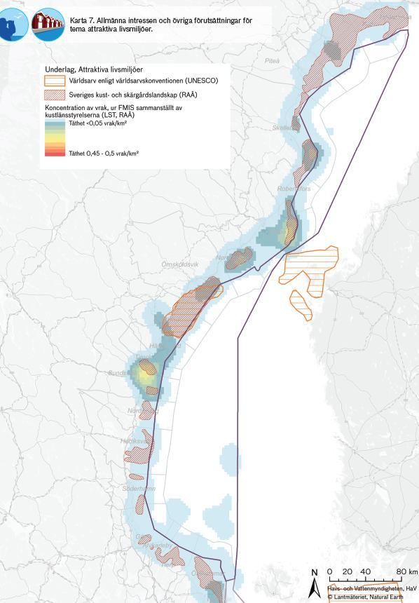 Figur 30 Allmänna intressen och övriga förutsättningar för tema attraktiva livsmiljöer inom havsplaneområdet (Havs- och vattenmyndigheten, 2018b).