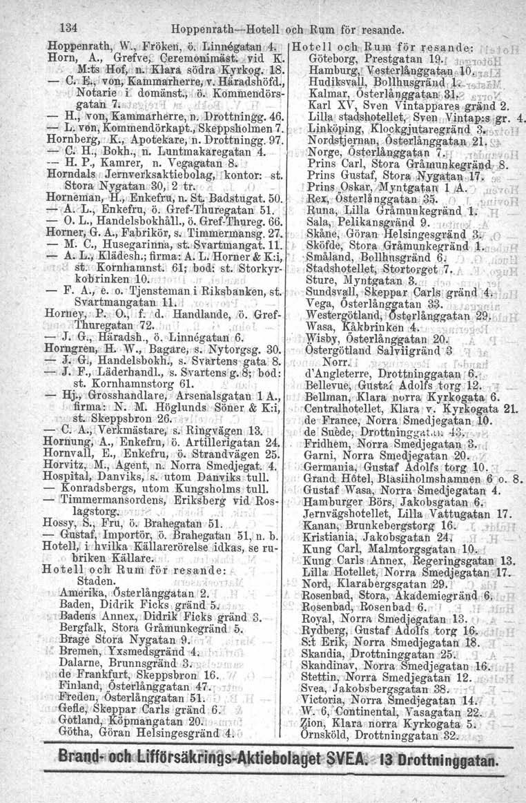 134 HoppenrathsHotell och Rum för resande. Hoppenrath, W., Fröken,,ö.. LiqIl6gatll;tirA.. ' Hotell oc.h RU~l för teslj,l1d~: '"101 Horn, A., Grefvej; qereml>niroästl.,yid Ri.