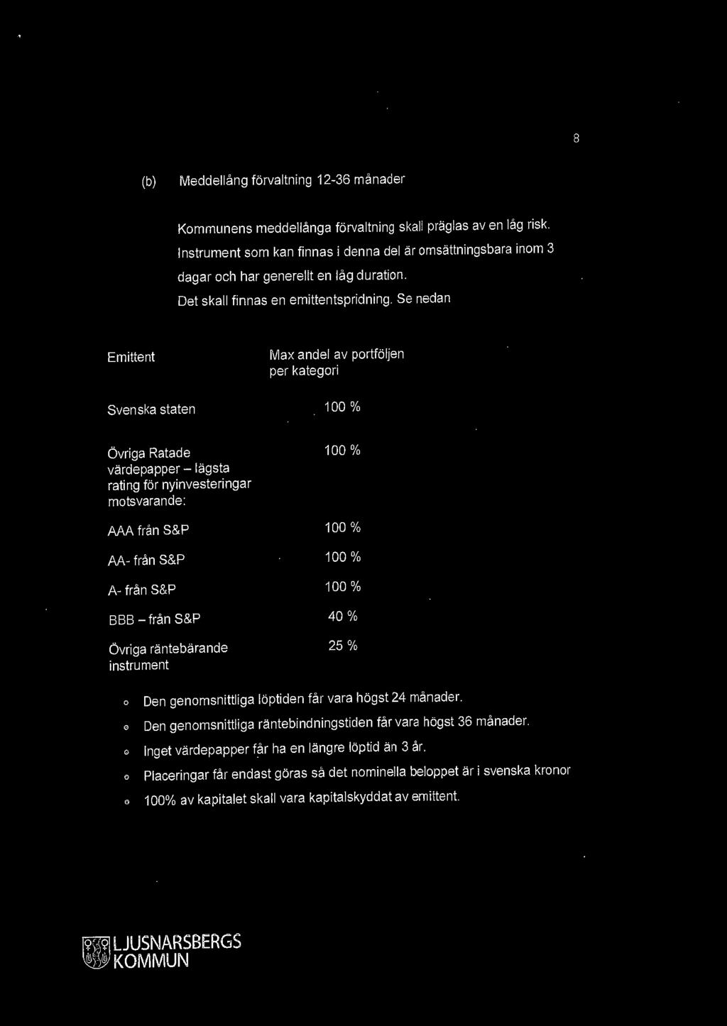 8 (b) Mddllång förvaltning 12-36 månadr Kmmunns mddllånga förvaltning skall präglas av n låg risk. Instrumnt sm kan finnas i dnna dl är msättningsbara inm 3 dagar ch har gnrllt n låg duratin.