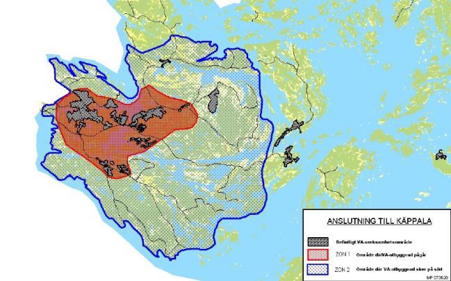 Figur 4. Områden varifrån avloppsvatten ska föras till Käppala reningsverk. 2.5.4 Dagvattenpolicy År 2003 togs en dagvattenpolicy fram som reviderats 2006 och 2012.