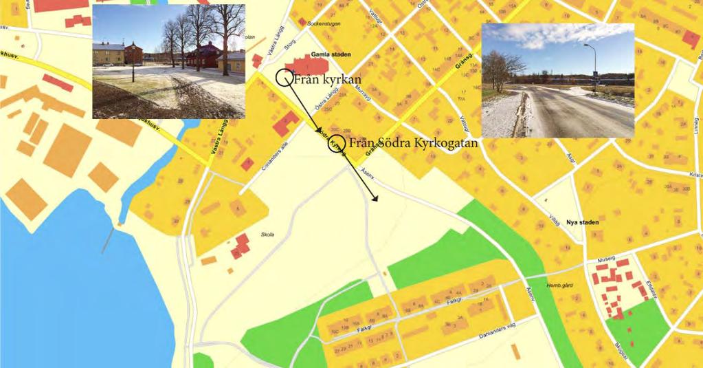 Vy från Södra Kyrkogatan i riktning mot planområdet med bostäderna vid Falkgränd (till höger i bilderna) och korsningen Åsenvägen/Södra Kyrkogatan/Gränsgatan resp.