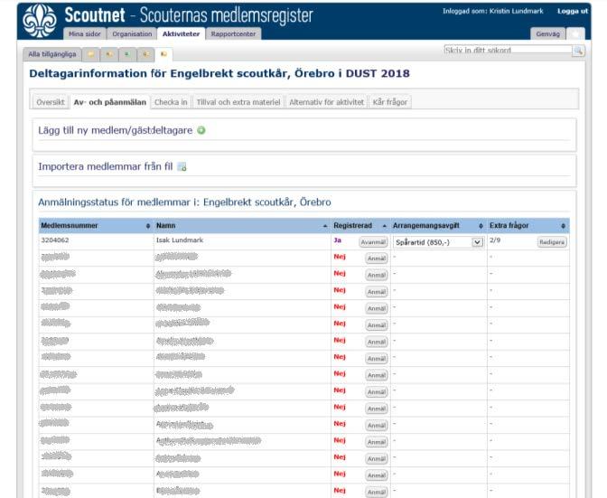 För att anmäla och avanmäla scouter så går ni in under fliken Av- och påanmälan.