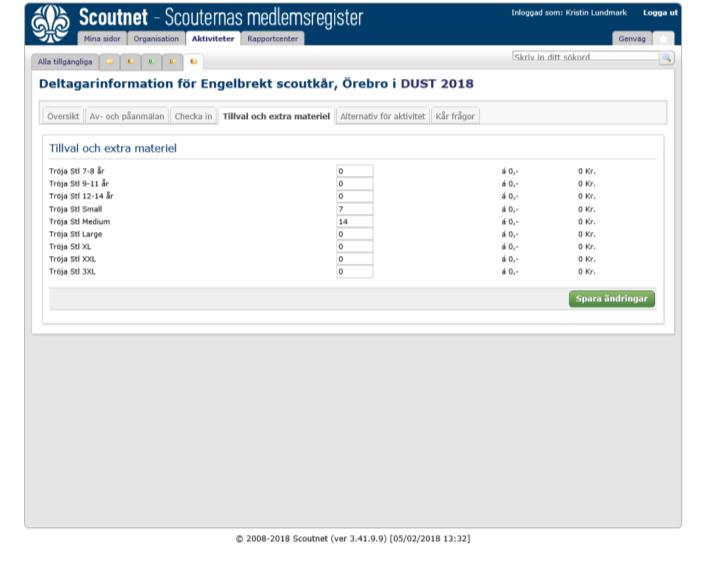 Under fliken Tillval och extramaterial ska kåren ange hur många t-shirts i respektive storlek man önskar beställa. Observera att lägret inte behöver veta vilken scout som ska ha vilken storlek.