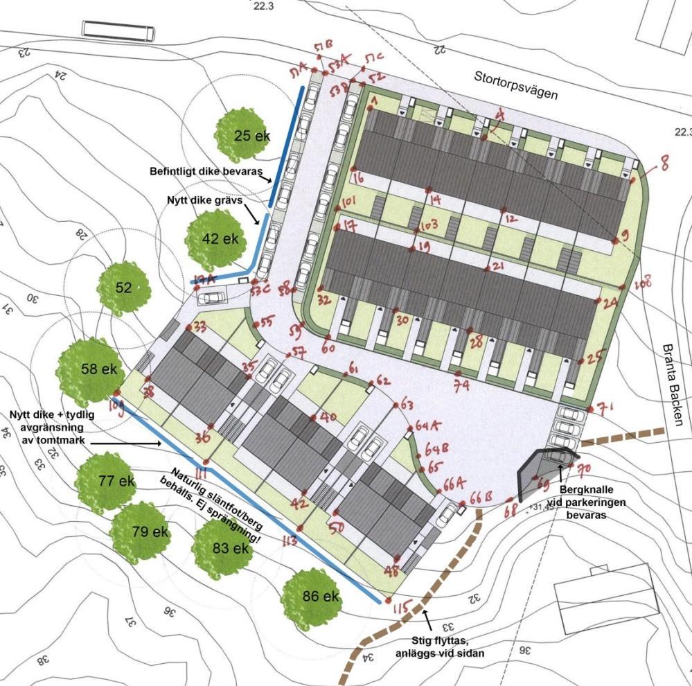 Sida 21 (28) Naturmiljö All kvartersmark placeras utanför gällande strandskyddsområde. Planförslaget tar naturmark i anspråk där det finns större ekar av betydelse för habitatnätverket i området.