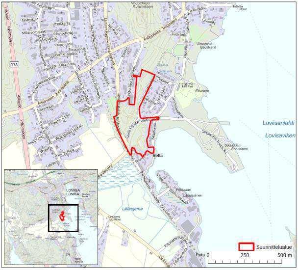 1. Planeringsområde Planeringsområdet ligger i södra delen av Lovisa tätortsområde, cirka 1, kilometer från centrum. Planeringsområdets utgör cirka 8,7 hektar.