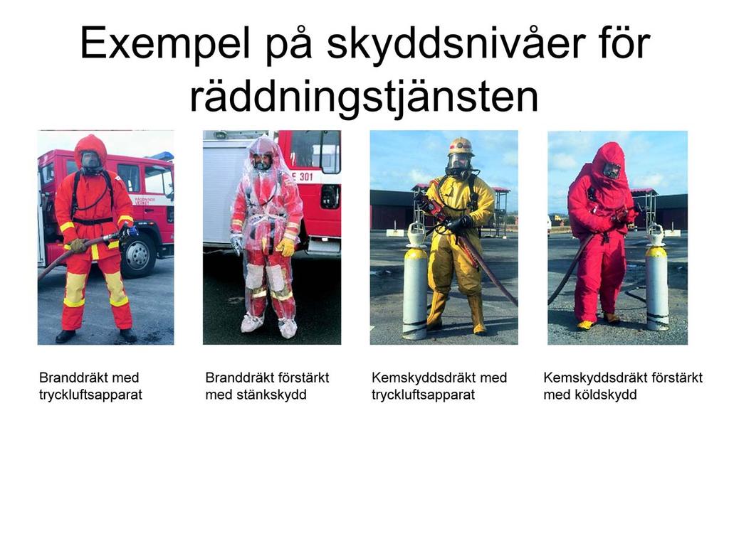 Räddningstjänsten använder flera olika nivåer av skyddsutrustning; Branddräkt och andningsskydd (tryckluftsapparat eller filtermask), För ett N-hot eller ett B-hot är detta ett fullgott skydd för en