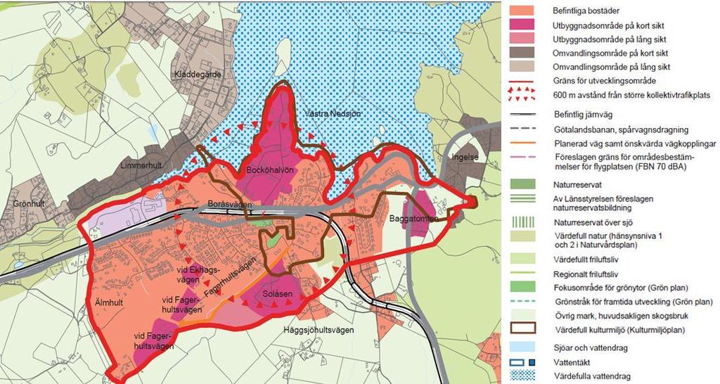 Förtätning av bebyggelse kommer eventuellt att ske vid Bocköhalvön samt vid Baggatomten. Figur 9.1 Utdrag ur Bebyggelseutveckling Hindås - ÖP 2012, Översiktsplan för Härryda Kommun.