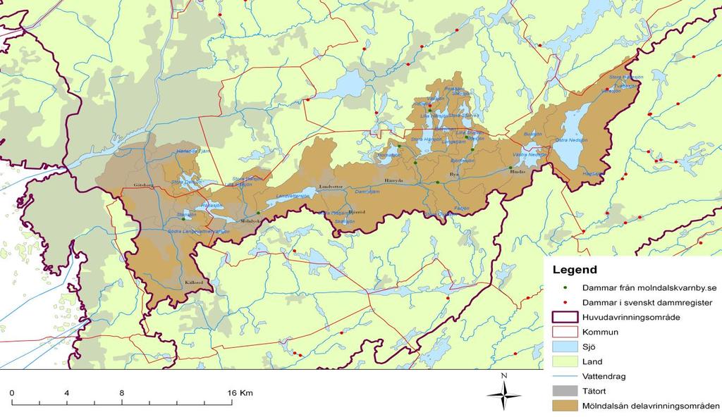 10 Hydrologi 10.1 Mölndalsån Östra och Västra Nedsjöarna är källsjöar i Mölndalsåns avrinningsområde, se figur 10.1. Vattensystemet sträcker sig genom Bollebygd, Härryda, Lerum, Partille, Mölndal och Göteborg.