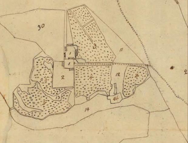 Utsnitt ur karta från 1803 visar den då nya anläggningen. Den gamla hustomten är nr 46.