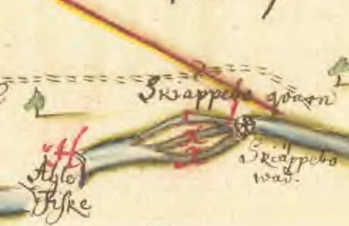 Av detta utsnitt ur karta från 1694 framgår att Skeppebos kvarnställe