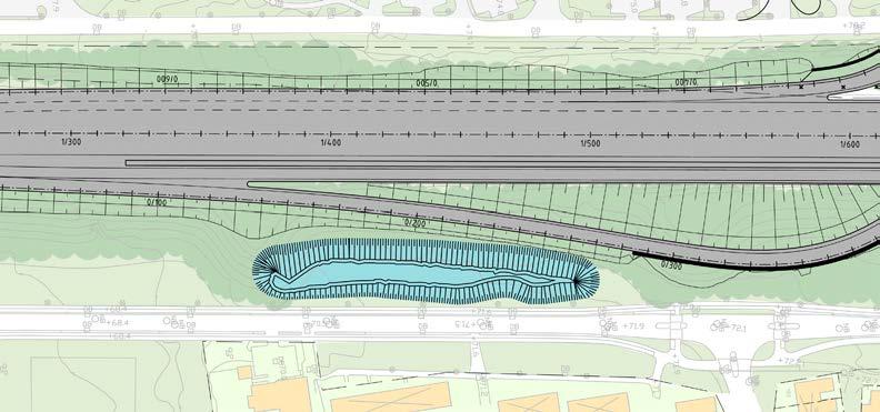 Gestaltningsprinciper och riktlinjer. Landskapselement i vägrummet.. Genomströmningsmagasin Ett så kallat genomströmningsmagasin kommer att anläggas inom projektet.