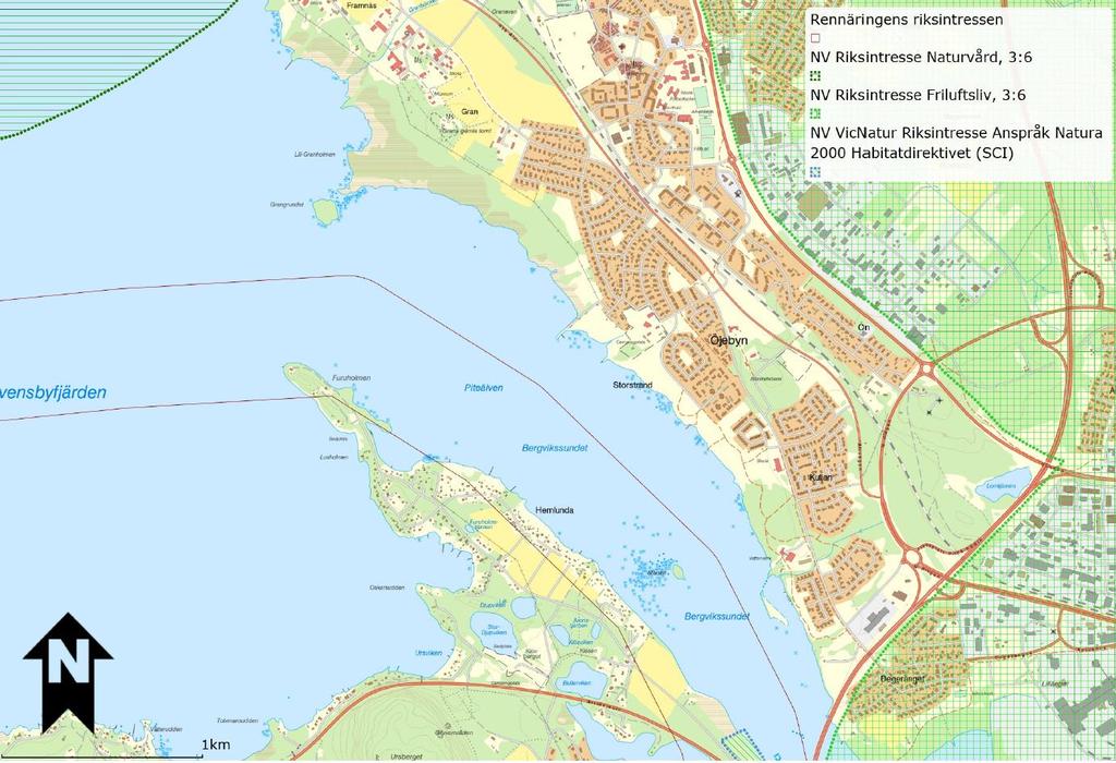 1.4.3 Riksintressen och skyddade områden Delar av Hemlunda berörs av riksintresse för rennäringen och Natura 2000 (Habitat). Planområdet berörs inte direkt av några riksintressen. Planområde Figur 3.