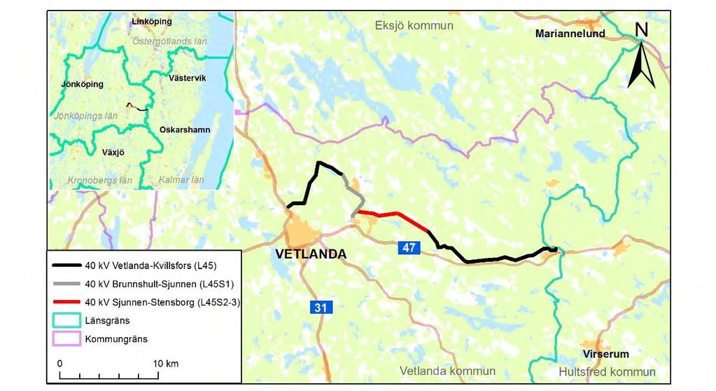 1 Inledning Bakgrund E.ON Energidistribution ansökte 2011 om förlängt tillstånd avseende befintlig 40 kv kraftledning mellan Sjunnen och Stensborg, Vetlanda kommun i Jönköpings län.
