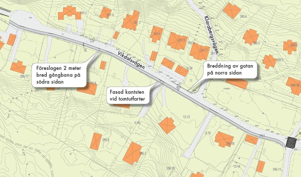 3. Förslag 3.1 Vikdalsvägen En 2 meter bred gångbana föreslås anläggas på södra sidan av vägen, för att på ett bra sätt ansluta till den befintliga gångbanan.