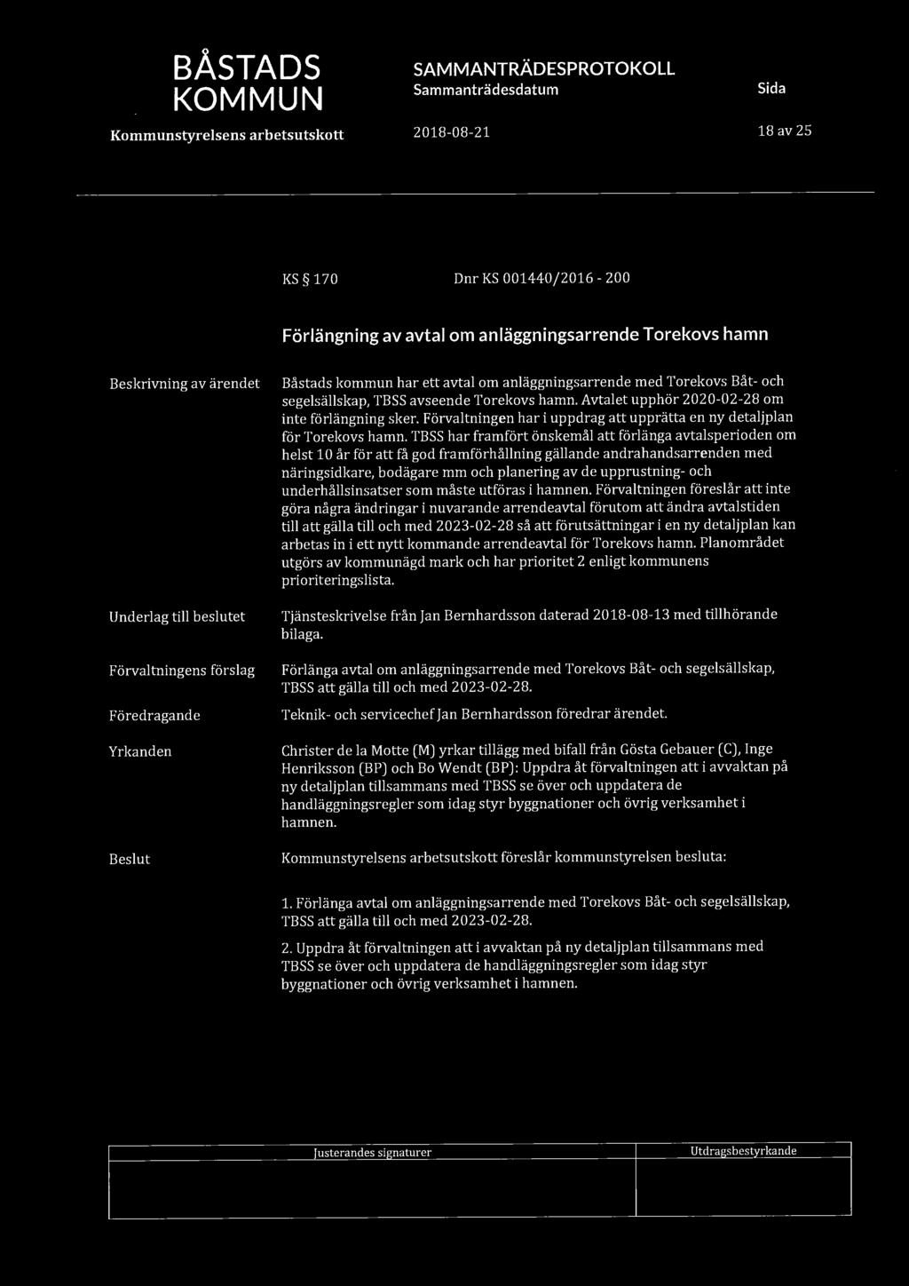uil BÅSTADS 18 av 25 KS 170 Dnr KS 001440/2016-200 Förlängning av avtal om anläggningsarrende Torekovs hamn Underlag till beslutet Förvaltningens förslag Yrkanden Båstads kommun har ett avtal om