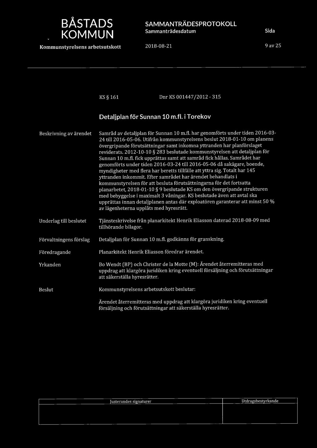 BÅSTADS KOMMUN 9 av 25 KS 161 Dnr KS 001447 /2012-315 Detaljplan för Sunnan 10 m.fl. i Torekov Samråd av detaljplan för Sunnan 10 m.fl. har genomförts under tiden 2016-03- 24 till 2016-05-06.