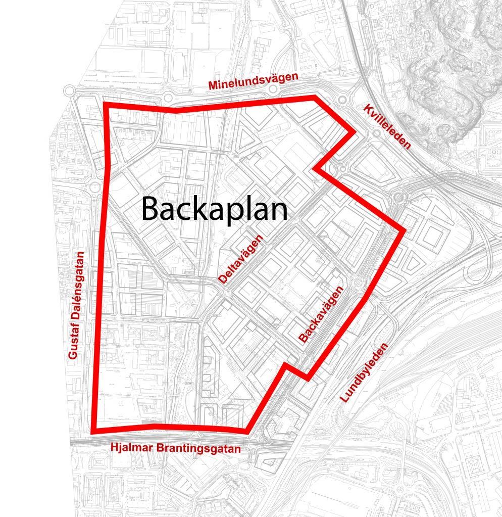3. Avgränsningar Denna utredning har en geografisk avgränsning för det nya trafiksystemet på Backaplan.