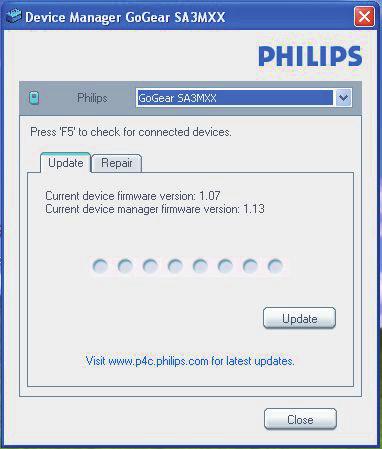 9 Uppdatera den fasta programvaran med hjälp av Philips Device Manager 3 Anslut MIX till datorn. När enheten är ansluten visas SA5MXXXX i textrutan.