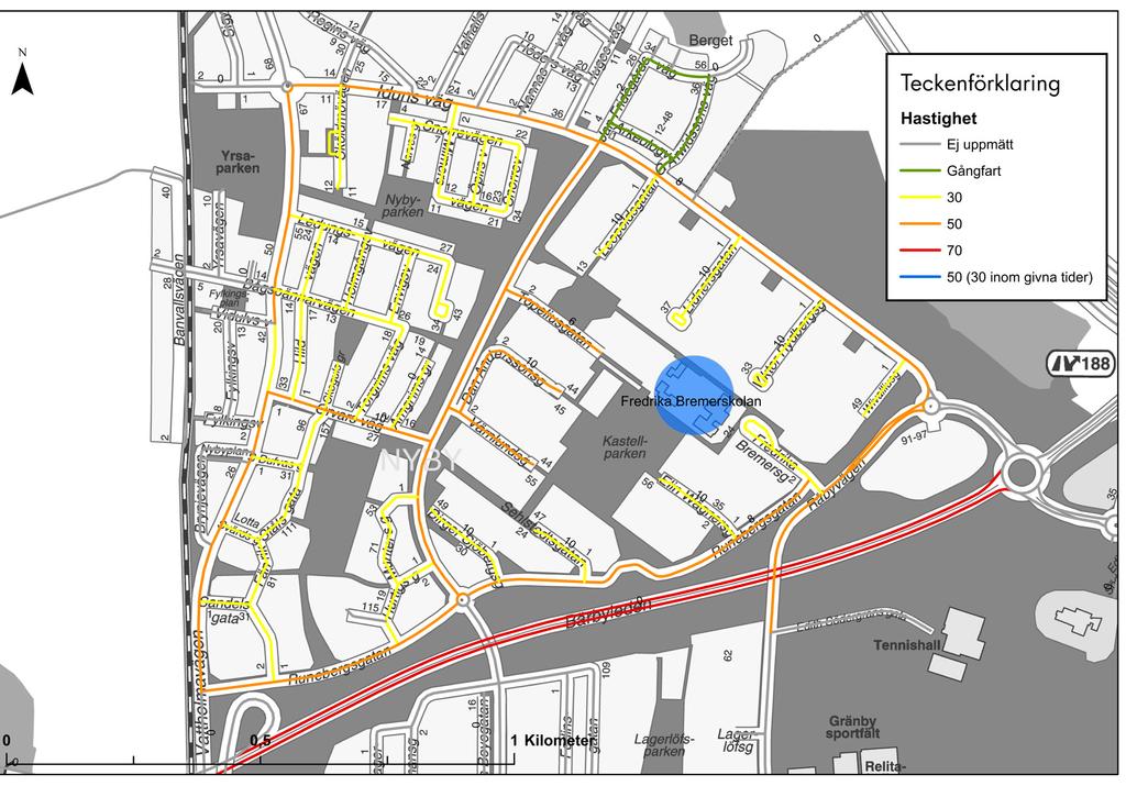 Figur 6. Skyltad hastighet Inventering av trafikmiljö längs skolvägar Inventeringen utfördes i april 2014. Markerade gator, gång- och cykelvägar och passager har inventerats till fots.