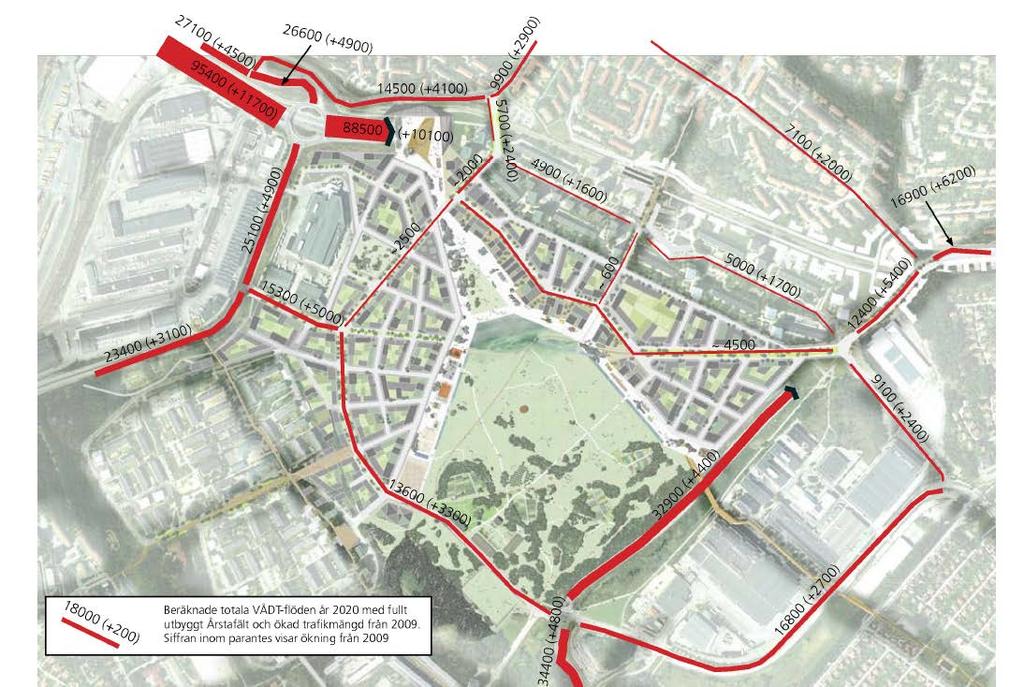 Planerat trafiksystem Omgivande övergripande trafiksystem Den nu aktuella detaljplaneförslaget för Östberga 1:3 ligger i omedelbar anslutning mot Årstafältet, vilket är ett område som kommer att