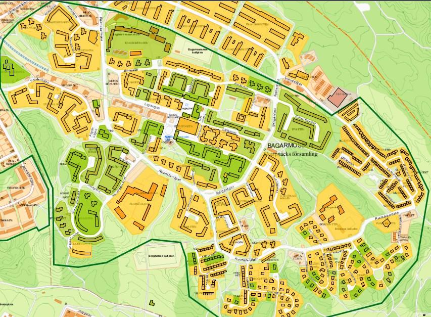 Sida 3 (12) Förvaltningens synpunkter Kulturhistoriska värden Stadsmuseet har inventerat och klassificerat bebyggelsen i Bagarmossen som till stora delar är av särskilt kulturhistoriskt värde (grönt).