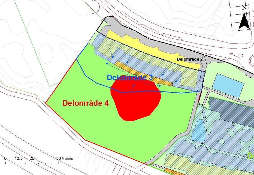 Figur 5-3. Lösningsförslag för Delområde 3. Brårastrerad polygon = den yta som ska ledas till makadammagsinet. Orangerastrerad polygon = makadammagasin. Blå pil = flödespilar för dagvatten.