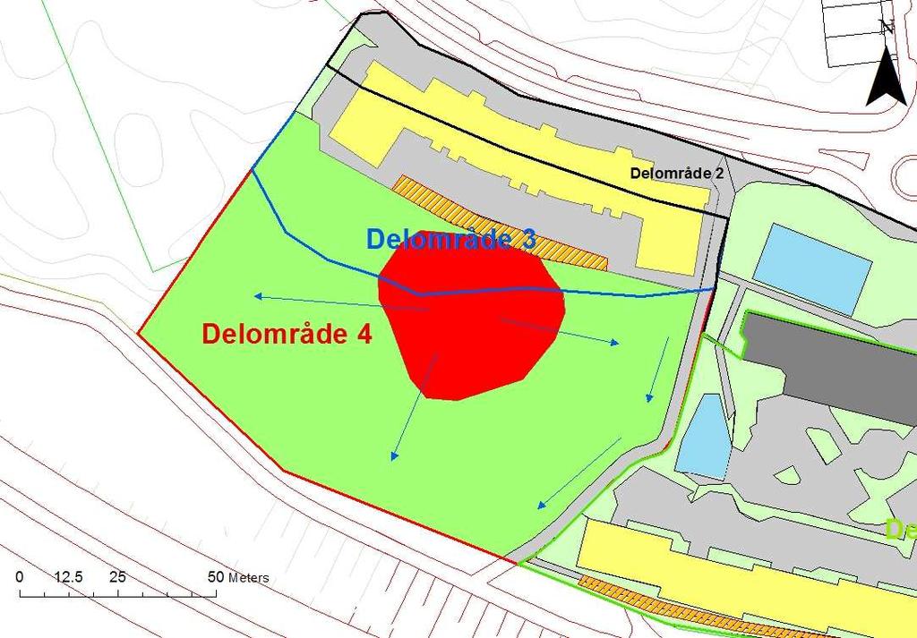 Figur 5-4. Lösningsförslag för Delområde 4. Blå pil = flödespilar för dagvatten. 5.2 Makadammagasin Dagvatten fördröjs och renas i ett makadammagasin innan bortledning till det kommunala dagvattensystemet för Delområde 1, 2 och 3.