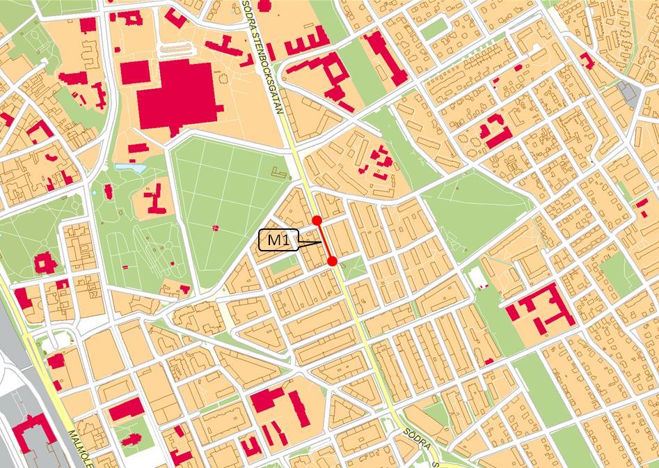 2.2 Mätstation M1 Södra Stenbocksgatan Mätstationen M1 på Södra Stenbocksgatan/Sämskmakaregatan (se figur 3 nedan) är en mobil mätcontainer.