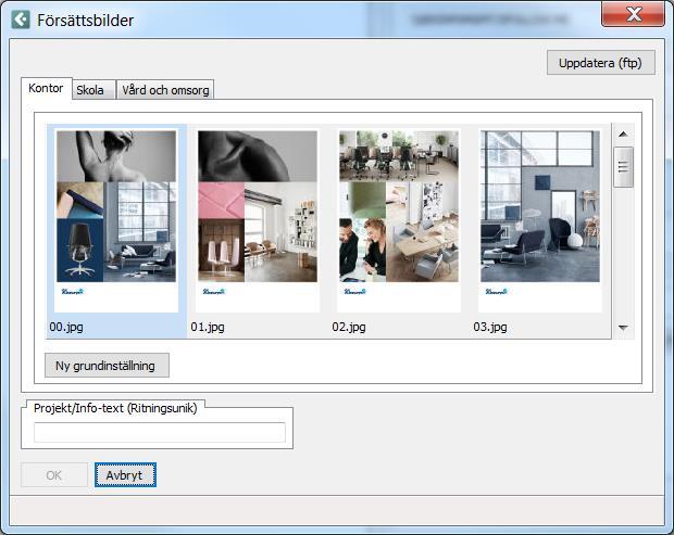 Funktioner [163.000] Nya försättsbilder Nu finns det nya försättsbilder. Dessa bilder bygger på tre olika tema: Kontor, Skola och Vård och Omsorg. Vi har därför infört tre flikar för dessa olika tema.