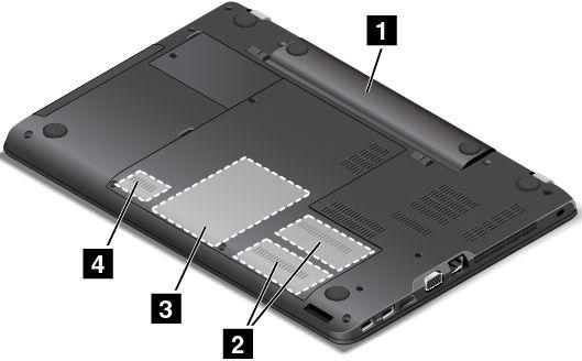 Undersidan Bild5. Undersidan 1 Batteri 2 Minneskortplatser 3 Lagringsenhet 4 Kortplats för trådlöst nätverkskort 1 Batteri Använd datorn med batteriet när du inte har tillgång till ett eluttag.