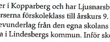 Bilaga 1: Bakgrundsuppgifter om verksamheten Kyrkbacksskolan ligger i Kopparberg och har Ljusnarsbergs kommun som huvudman. Skolan omfattar årskurserna förskoleklass till årskurs 9.