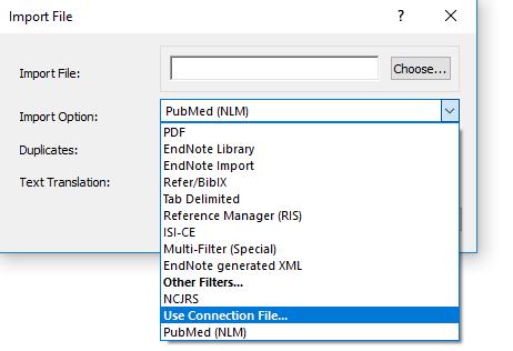 6. I EndNote välj File Import File. 7. Ett nytt fönster öppnas, välj PubMed (NLM) under Import Option Use Connection File. 8.